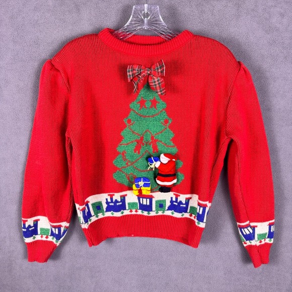 Touchy Subject Sweaters - Touchy Subject Christmas Sweater Size S Vintage Train 3D Santa Holiday USA Made